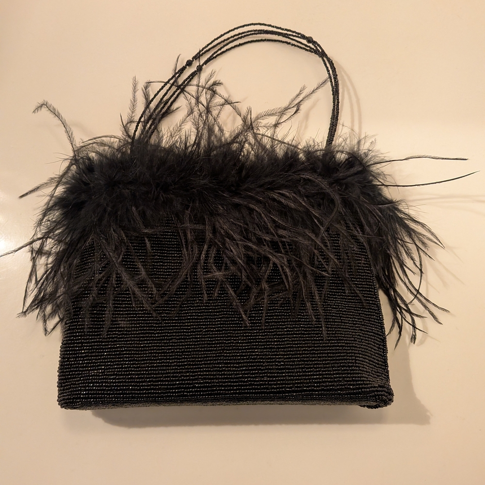 Preppy Chic Black Beaded & Feathered Small Tote Bag